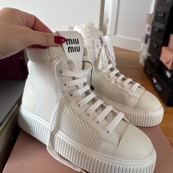 NWT Miu Miu Platform High Top Sneakers White Mesh Lace Up Sz 39 - Picture 4 of 8
